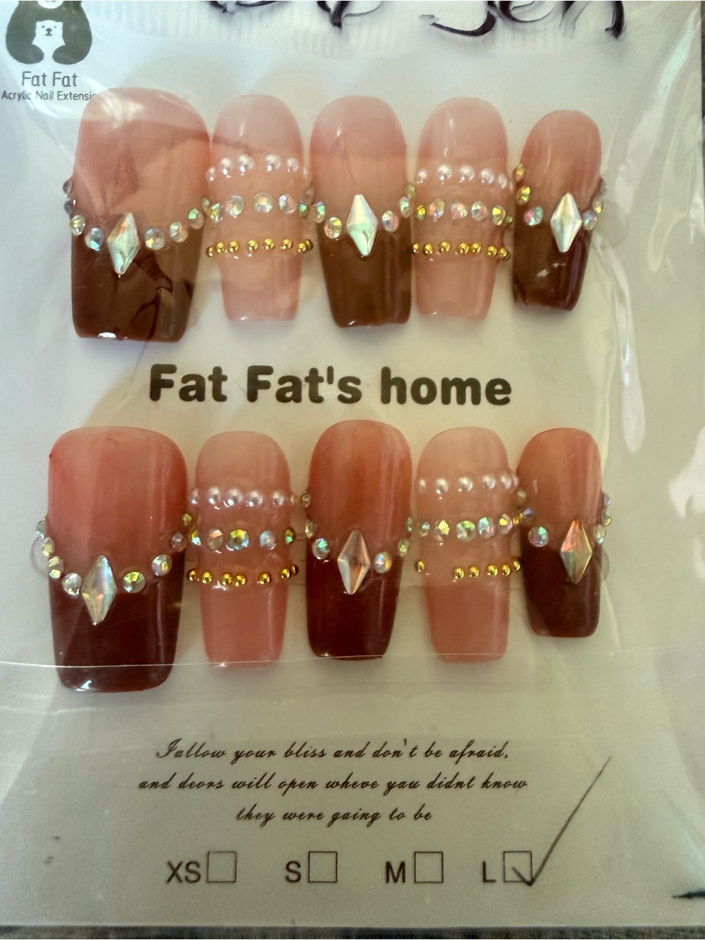 Fat Fat Acrylic Nail Set - Pink and Brown Rhinestone Nails